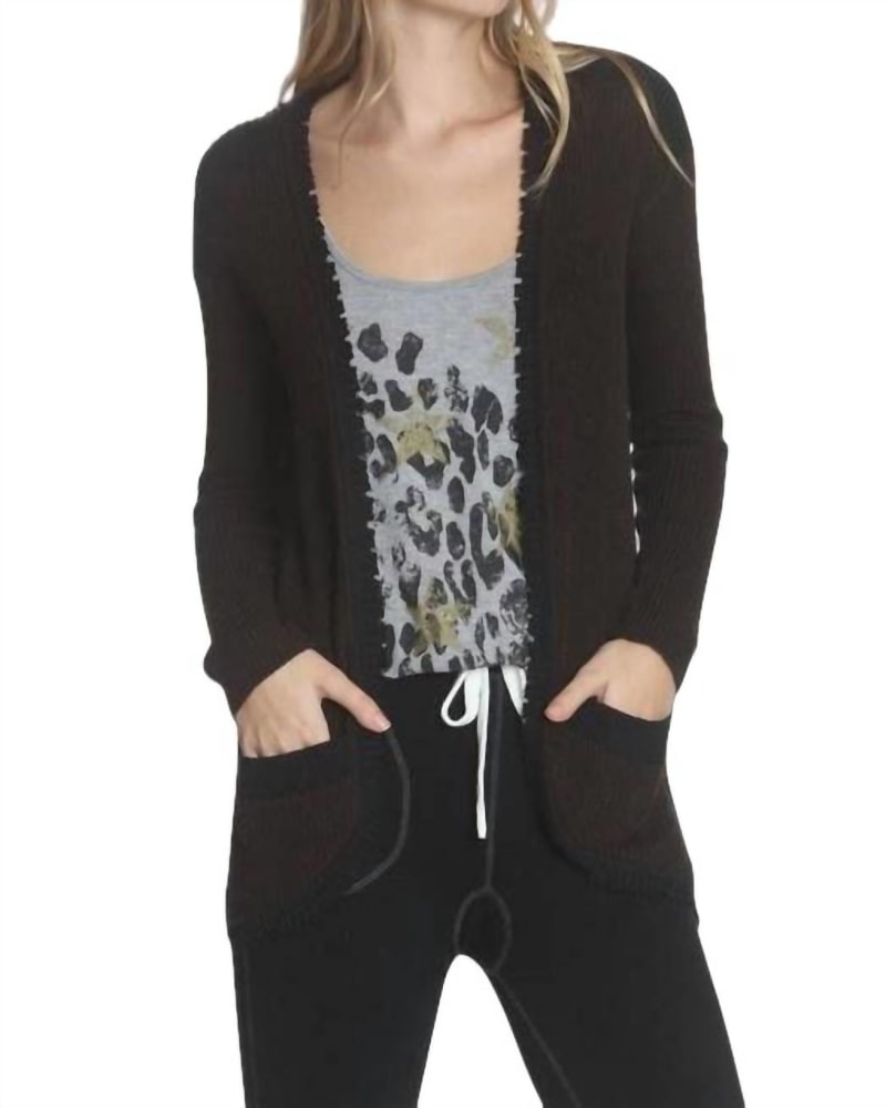 Front of a model wearing a size Large Parker Fray Cardigan in Brown/Black in Brown/Black by LABEL+thread. | dia_product_style_image_id:333881